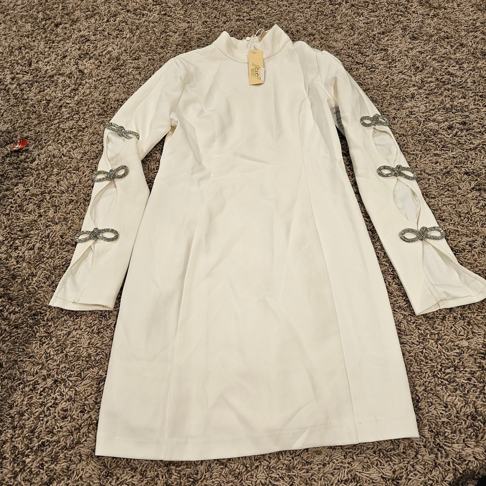 Jewel Badgley Mischka Rhinestone Bow Sleeve Mock Neck Dress Ivory Size 0